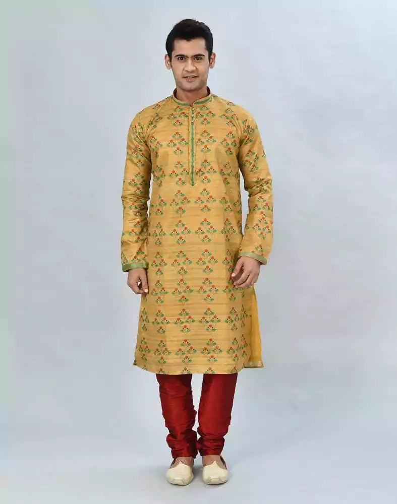 Image of Yellow Floral Printed Kurta Pyjama Set