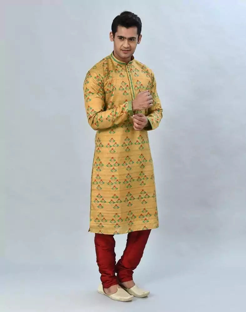Image of Yellow Floral Printed Kurta Pyjama Set