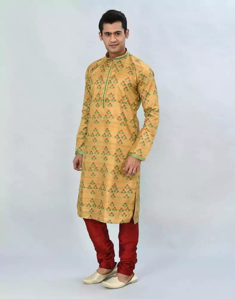Image of Yellow Floral Printed Kurta Pyjama Set