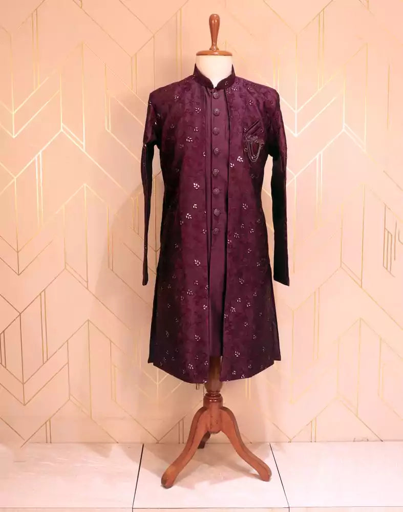 Image of Purple Plain Raw Silk Kurta Jacket Set