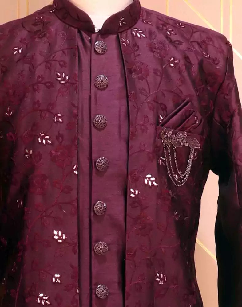 Image of Purple Plain Raw Silk Kurta Jacket Set