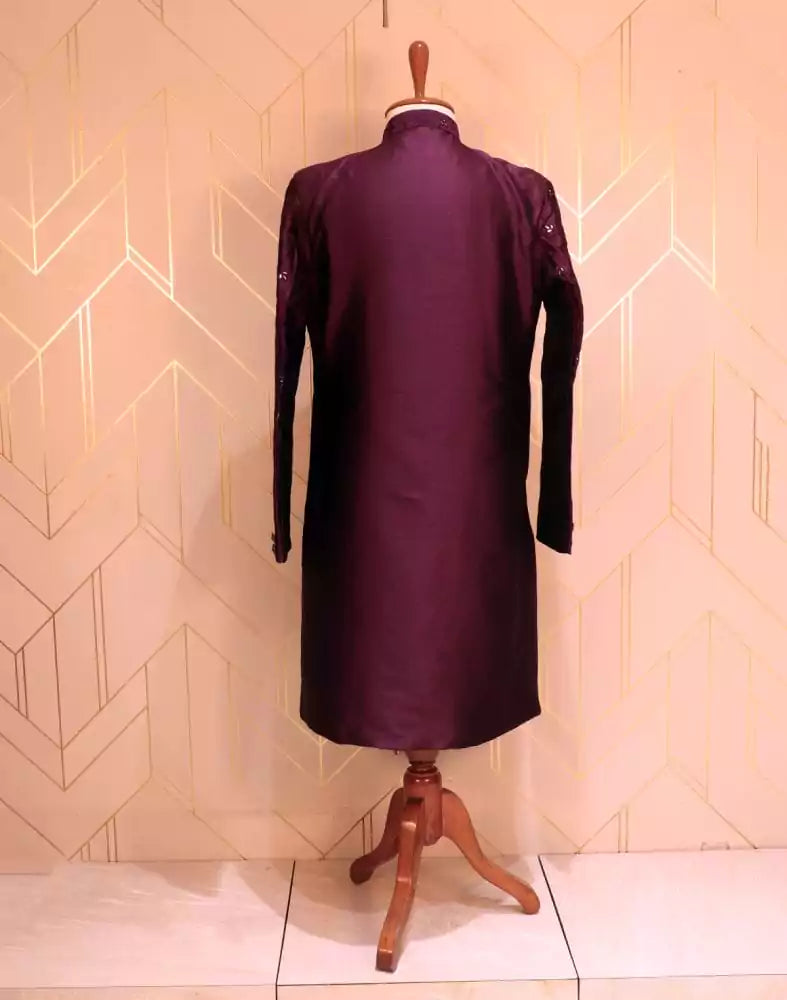 Image of Purple Plain Raw Silk Kurta Jacket Set