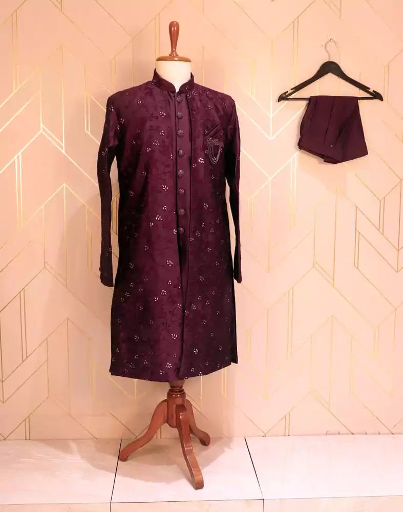 Image of Purple Plain Raw Silk Kurta Jacket Set