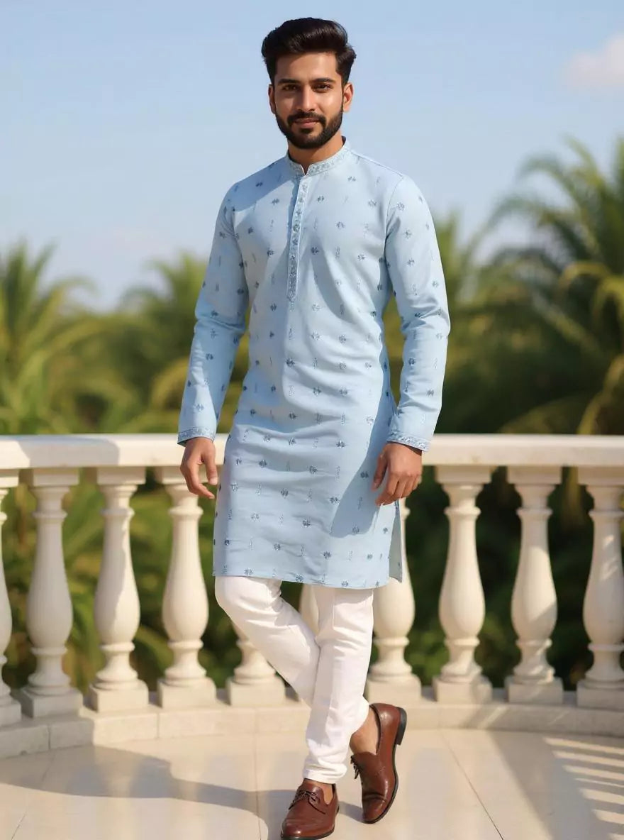 Image of Sky Coloured Thread Embroidered Cotton Silk Kurta Pyjama Set