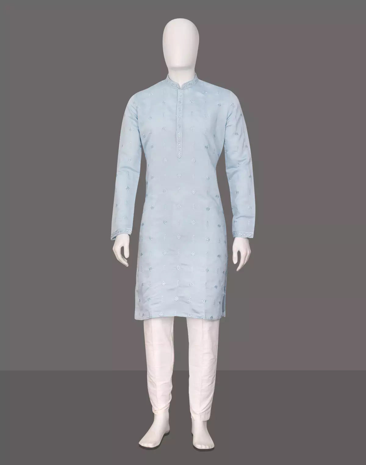 Image of Sky Coloured Thread Embroidered Cotton Silk Kurta Pyjama Set