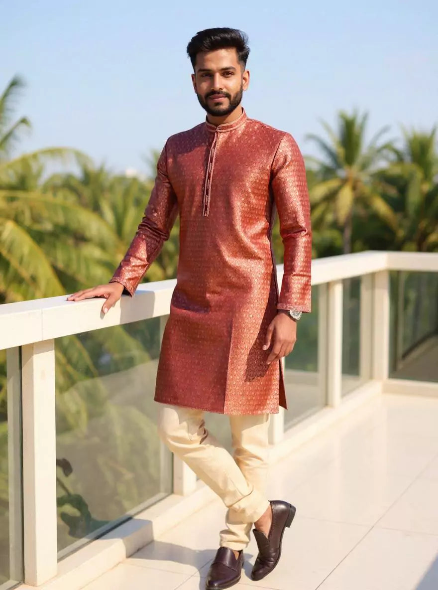 Image of Maroon Floral Zari Design Jacquard Kurta Pyjama Set