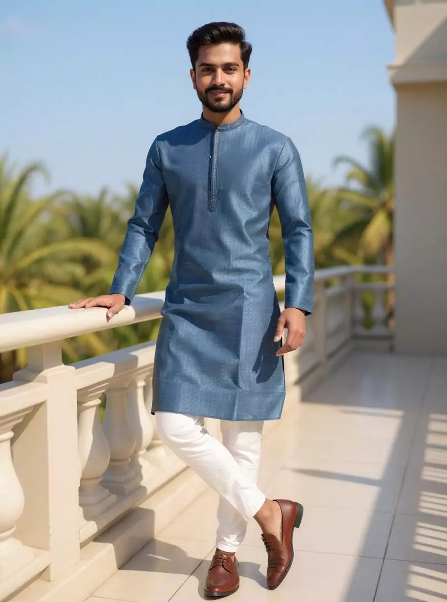 Image of Self Patterned Weaving Cotton Silk Kurta Pajama