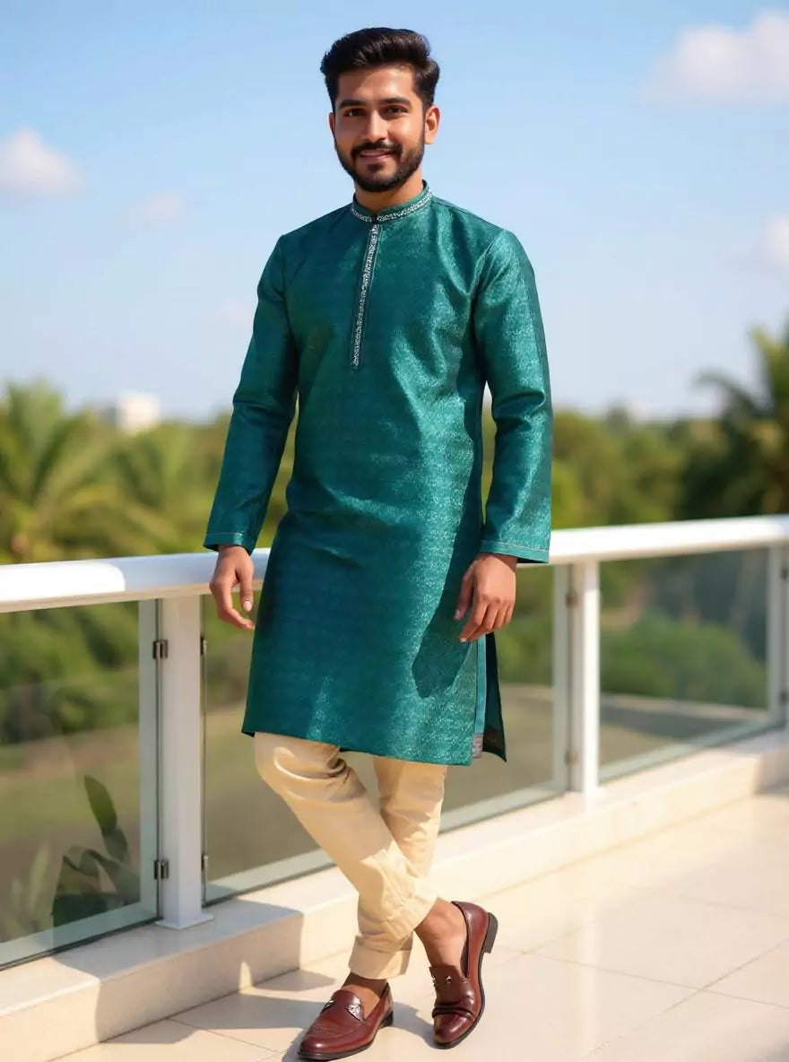 Image of Bottle Green Self Weaving Zari Booti's Jacquard Kurta Pyjama