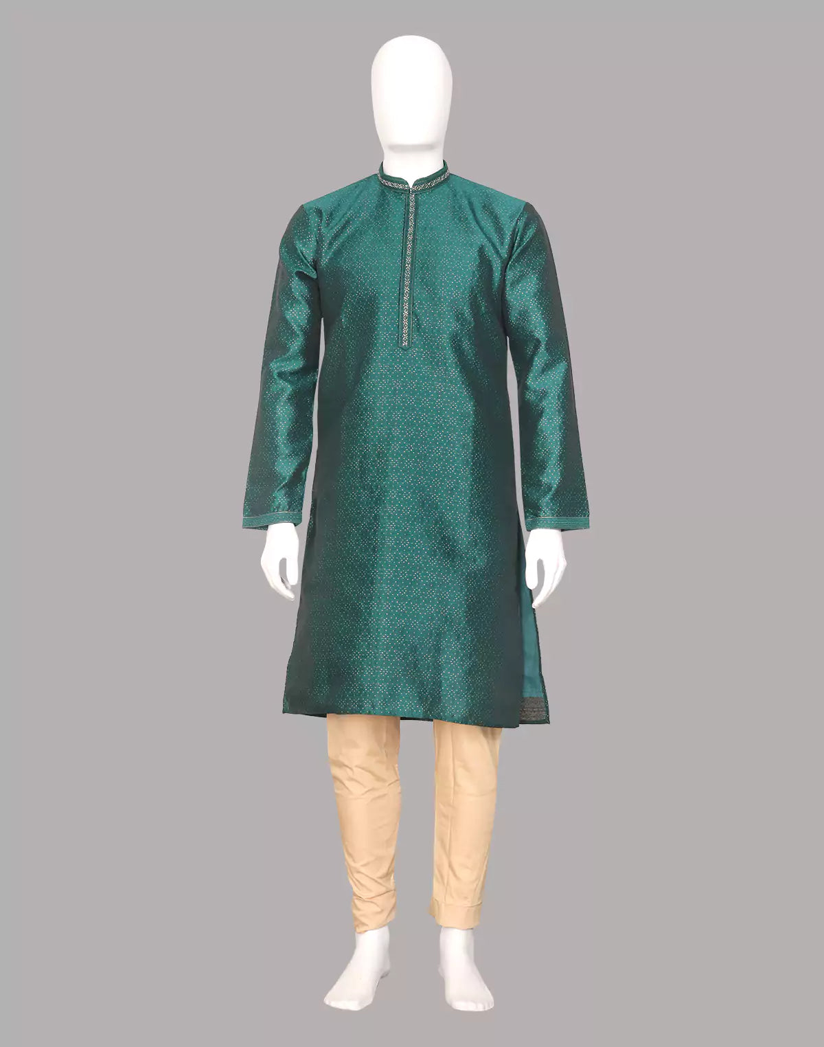 Image of Bottle Green Self Weaving Zari Booti's Jacquard Kurta Pyjama