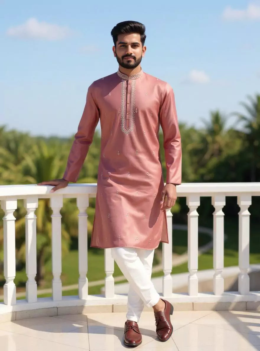 Image of Light Onion Floral Milky Silk Stones work Kurta Pajama