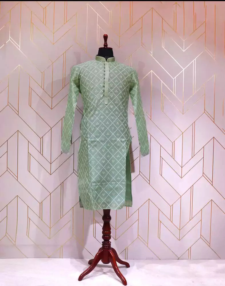 Image of Light Green Geometric Cotton Silk Kurta Pyjama Set