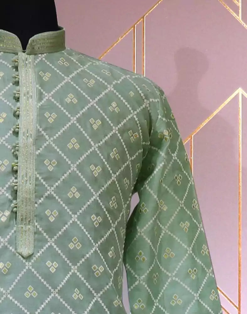 Image of Light Green Geometric Cotton Silk Kurta Pyjama Set