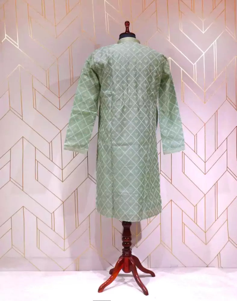 Image of Light Green Geometric Cotton Silk Kurta Pyjama Set