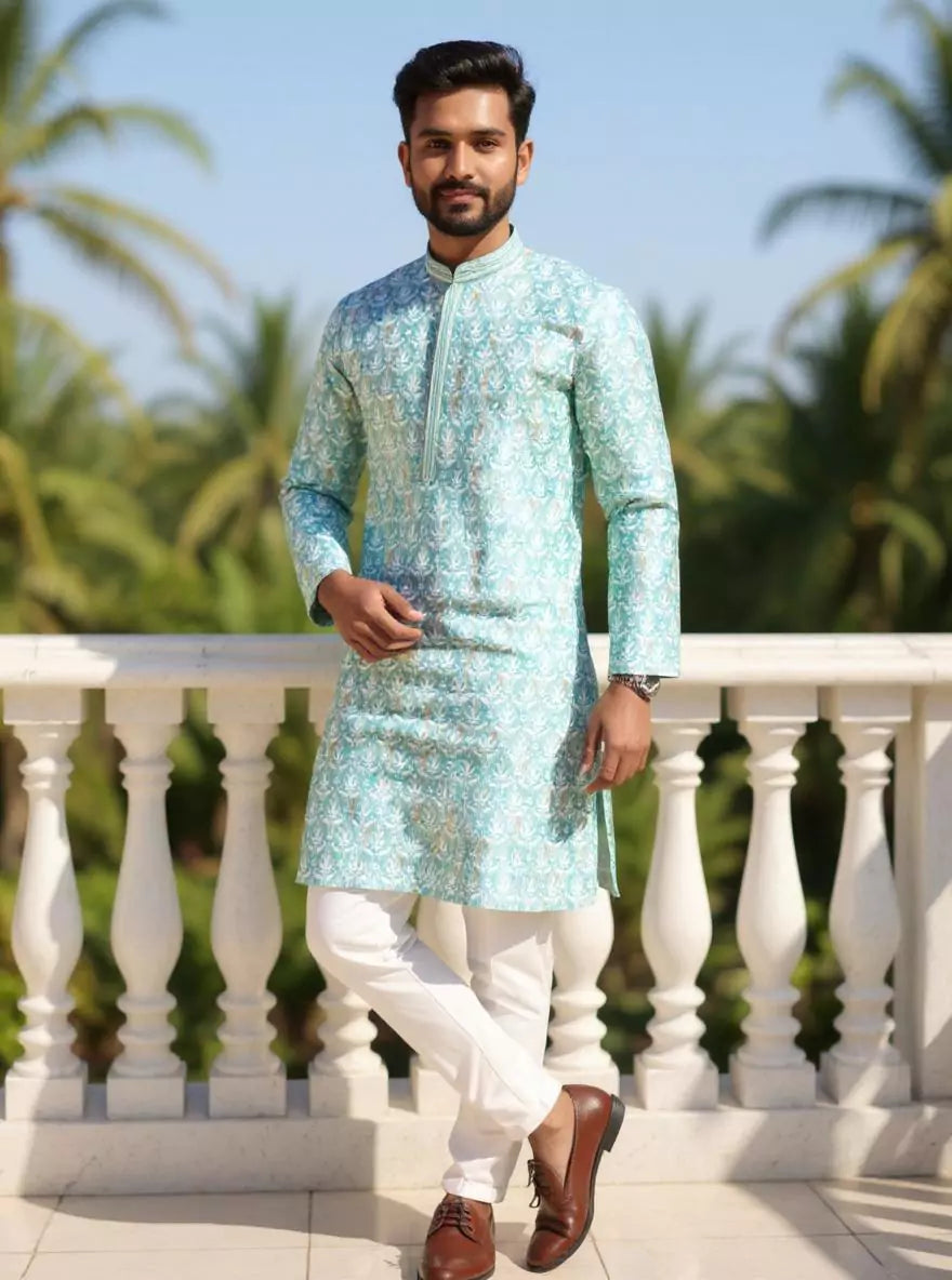 Image of Sea Green Floral Printed with Butta work Cotton Silk Kurta Pyjama Set