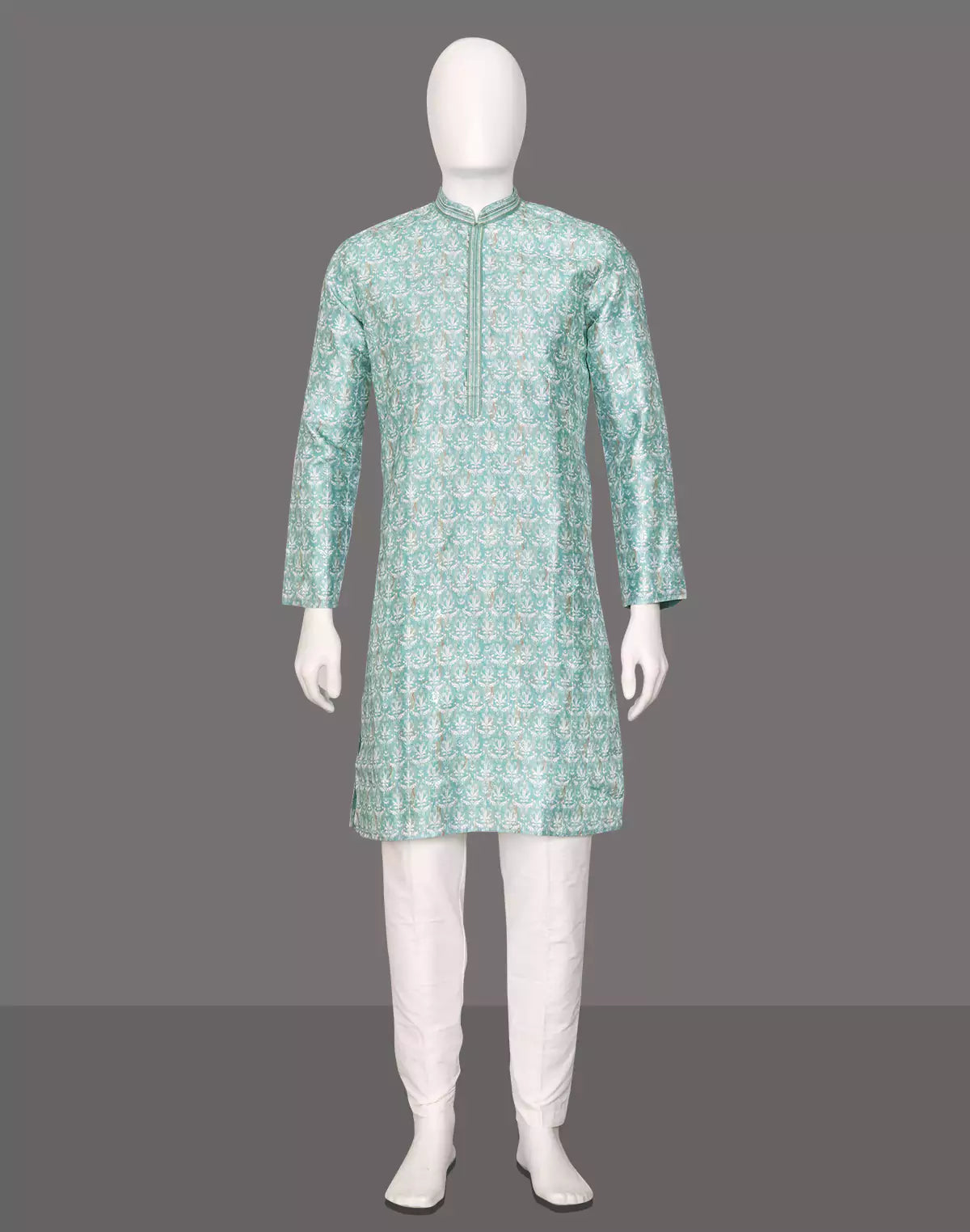 Image of Sea Green Floral Printed with Butta work Cotton Silk Kurta Pyjama Set