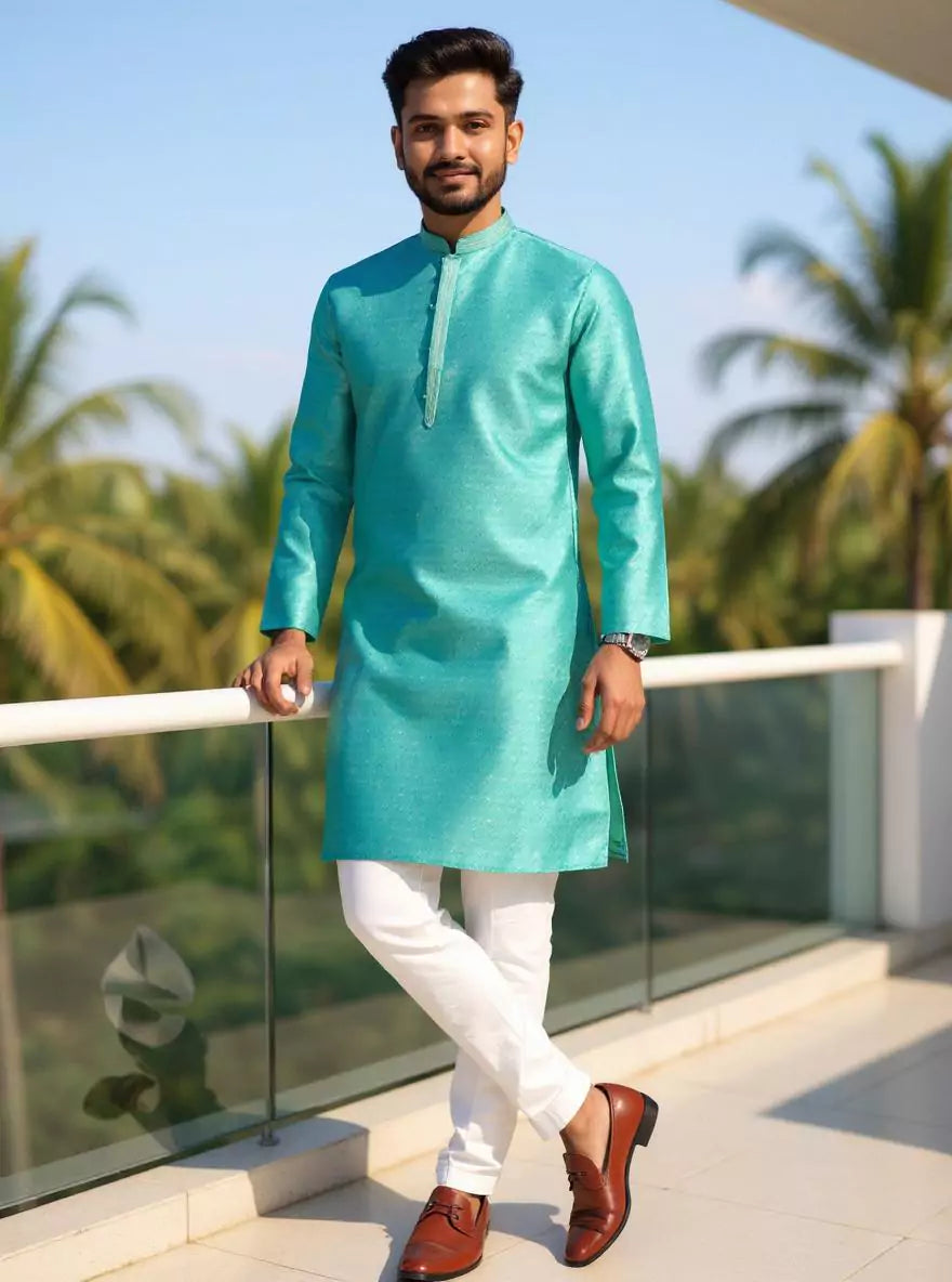 Image of Sea Green Self Weaving Jacquard Kurta Pajama