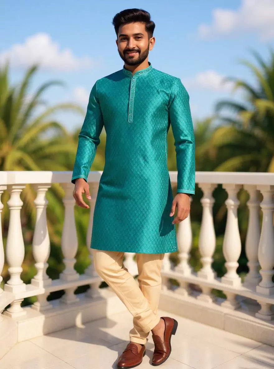 Image of Aqua Green Brocade Zari Booti's Jacquard Kurta Pyjama