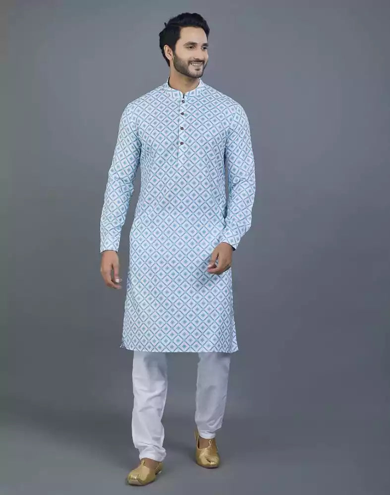 Image of Delightful Green Geometric Print Cotton Kurta