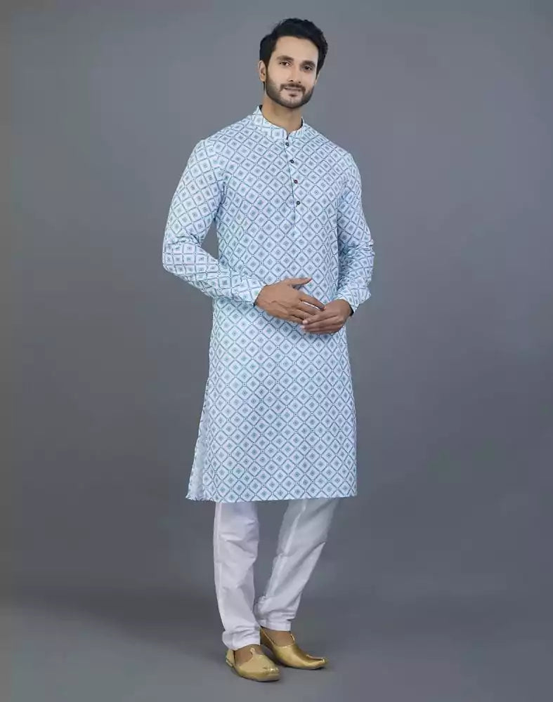 Image of Delightful Green Geometric Print Cotton Kurta