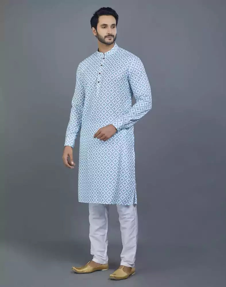 Image of Delightful Green Geometric Print Cotton Kurta
