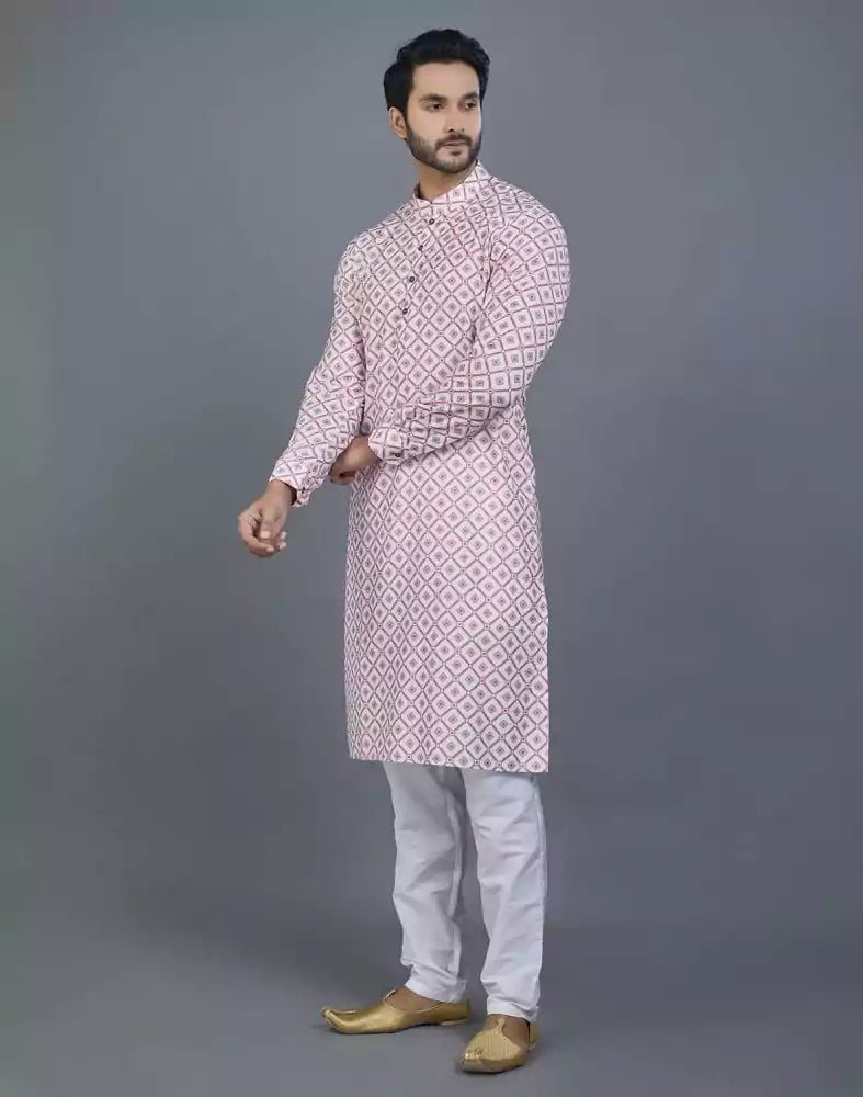 Image of Appealing Pink Geometric Print Cotton Kurta