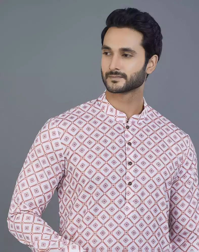 Image of Appealing Pink Geometric Print Cotton Kurta