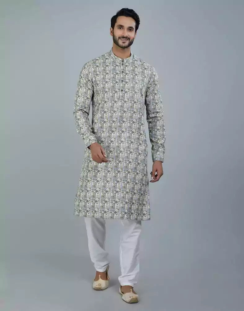 Image of Classy Pista Green Geometric Print Cotton Kurta