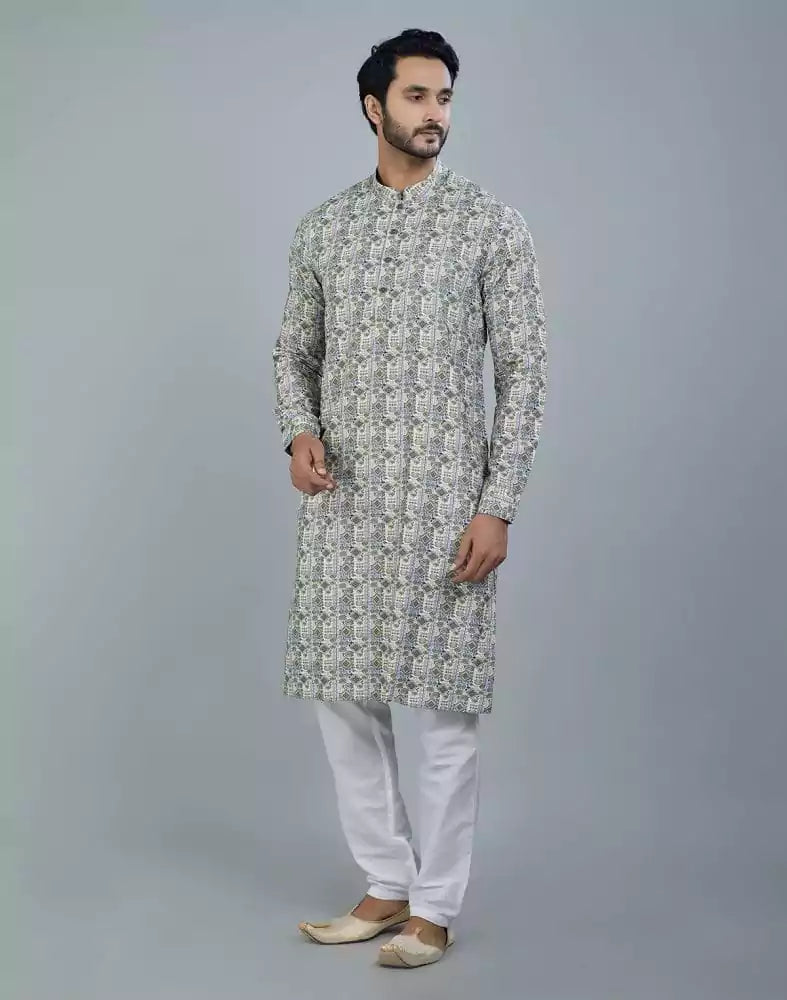 Image of Classy Pista Green Geometric Print Cotton Kurta