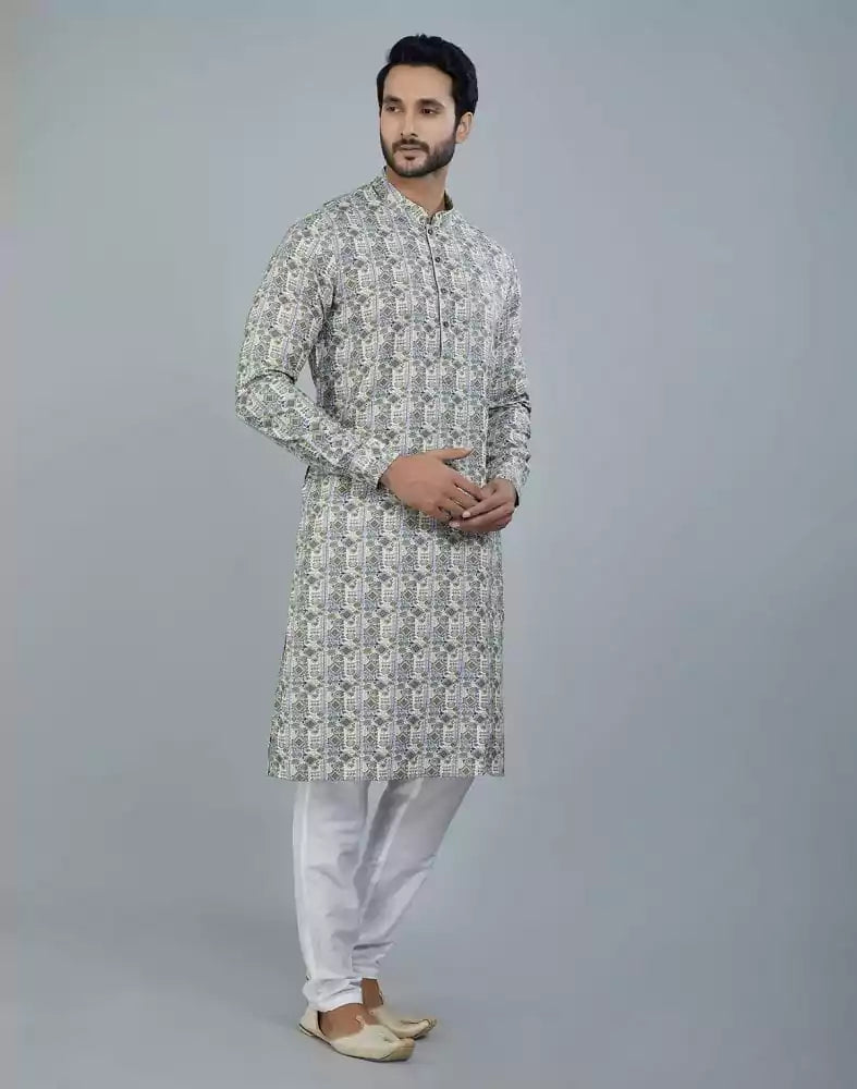 Image of Classy Pista Green Geometric Print Cotton Kurta