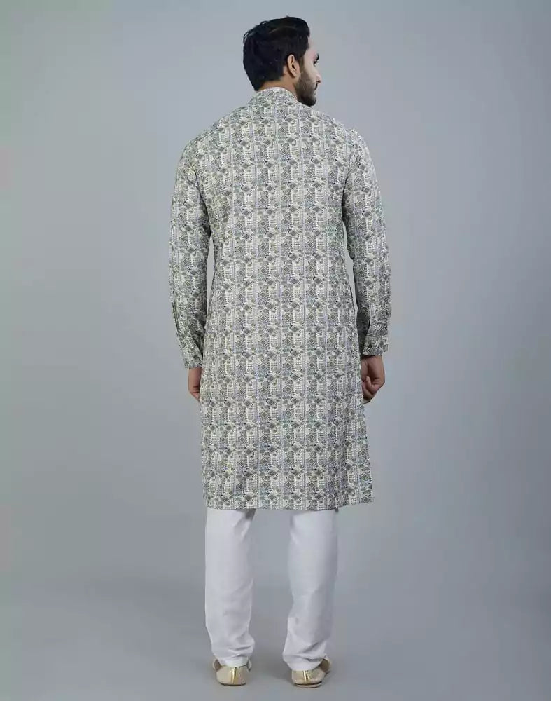 Image of Classy Pista Green Geometric Print Cotton Kurta