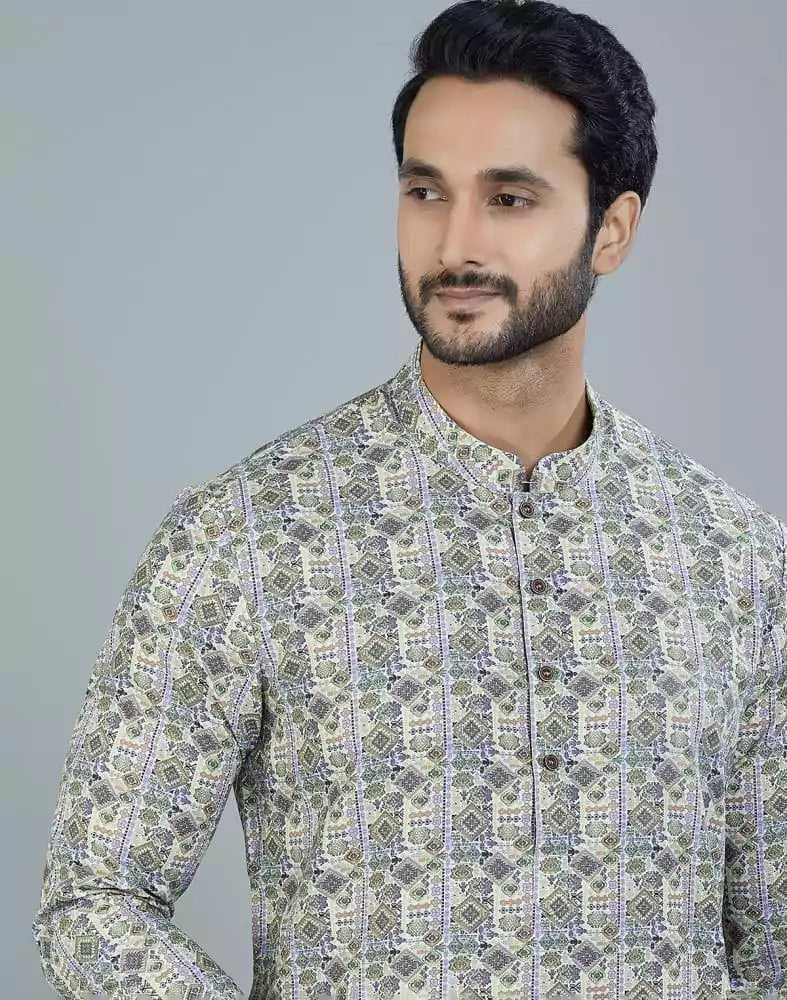 Image of Classy Pista Green Geometric Print Cotton Kurta
