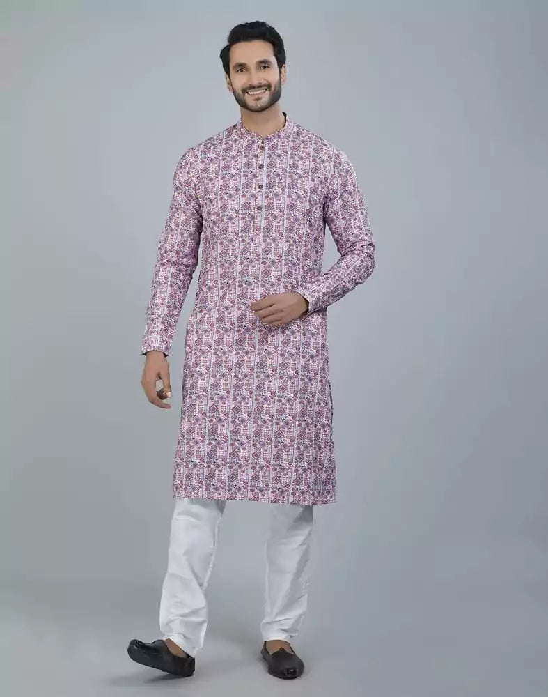 Image of Charming Dark Pink Geometric Print Cotton Kurta