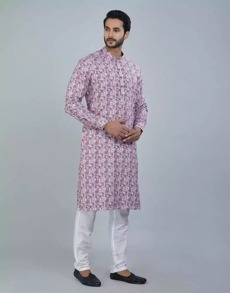 Image of Charming Dark Pink Geometric Print Cotton Kurta