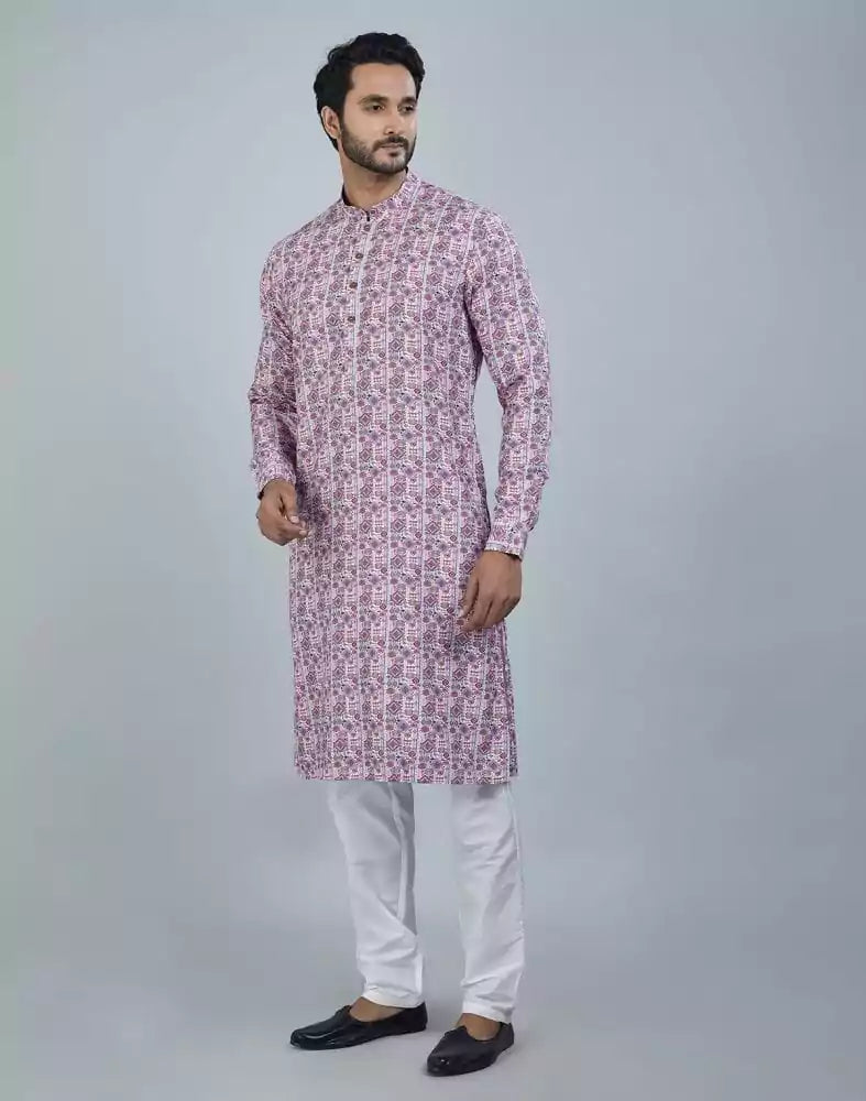 Image of Charming Dark Pink Geometric Print Cotton Kurta