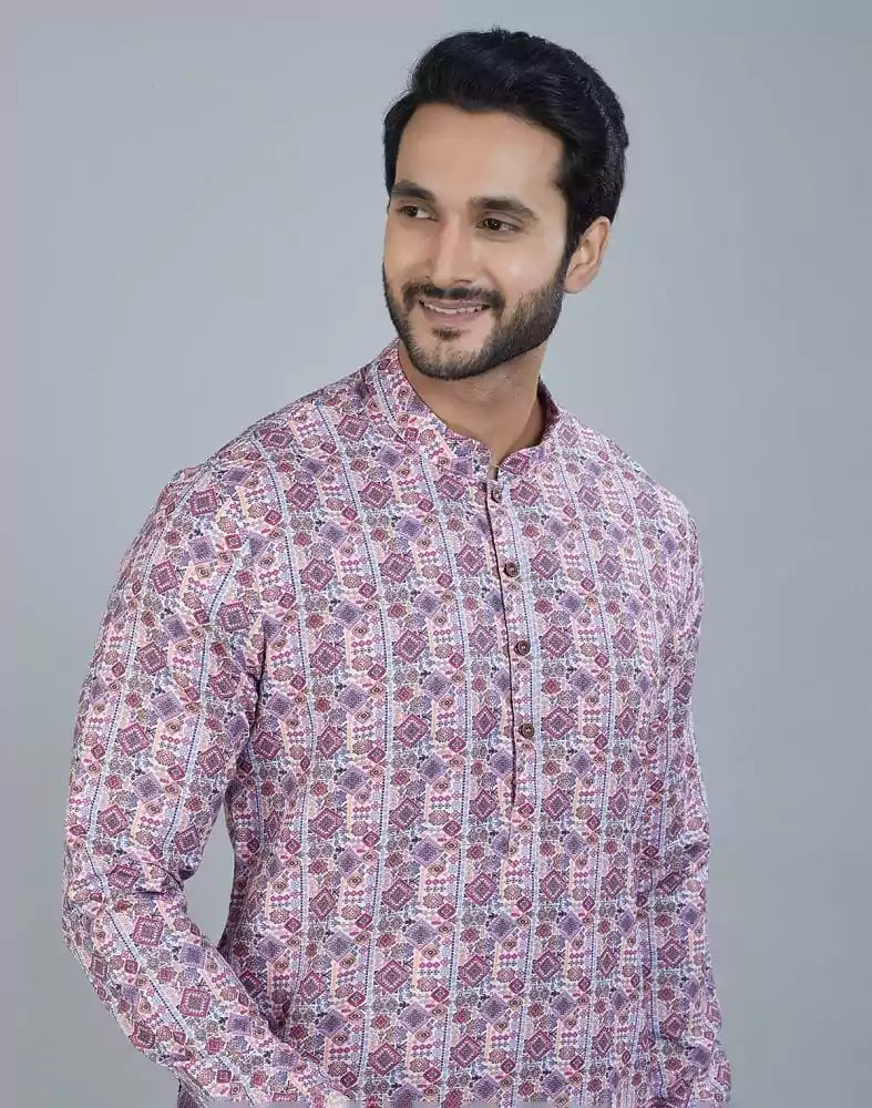 Image of Charming Dark Pink Geometric Print Cotton Kurta