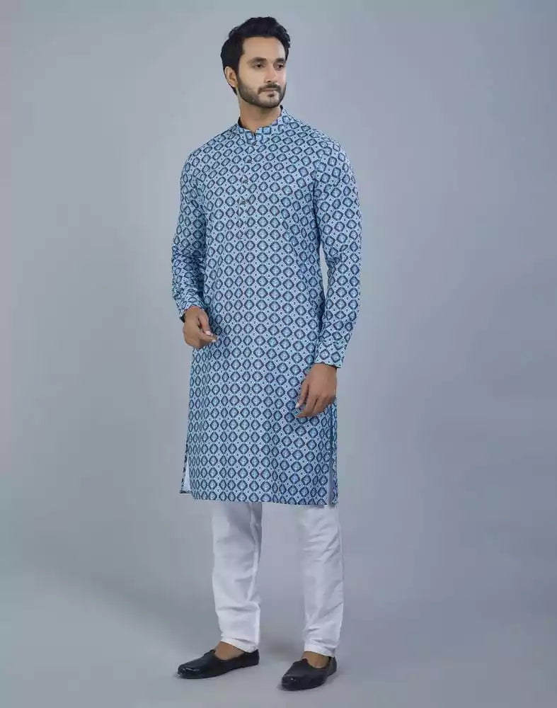 Image of Ravishing Green Color Geometric Cotton Kurta