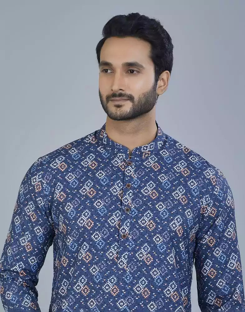 Image of Stunning Blue color Geometric Print Cotton Kurta