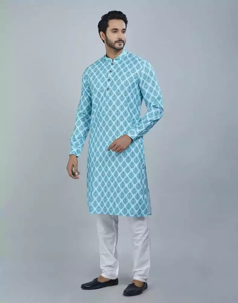 Image of Charming Firozi Color Botanical Print Cotton Kurta