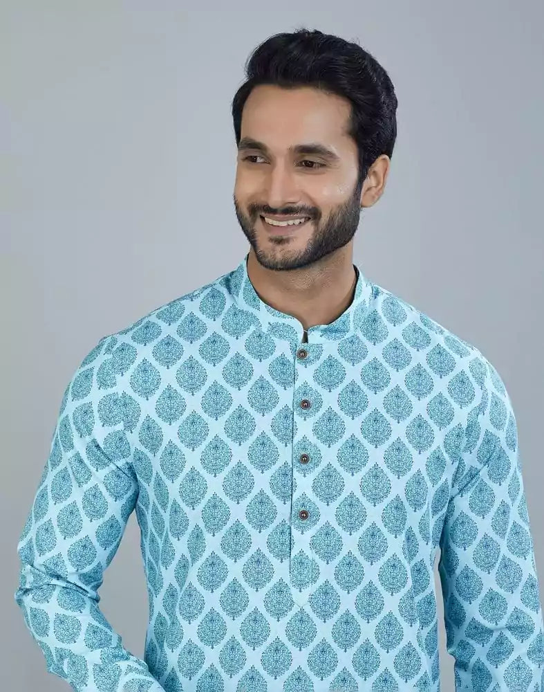 Image of Charming Firozi Color Botanical Print Cotton Kurta