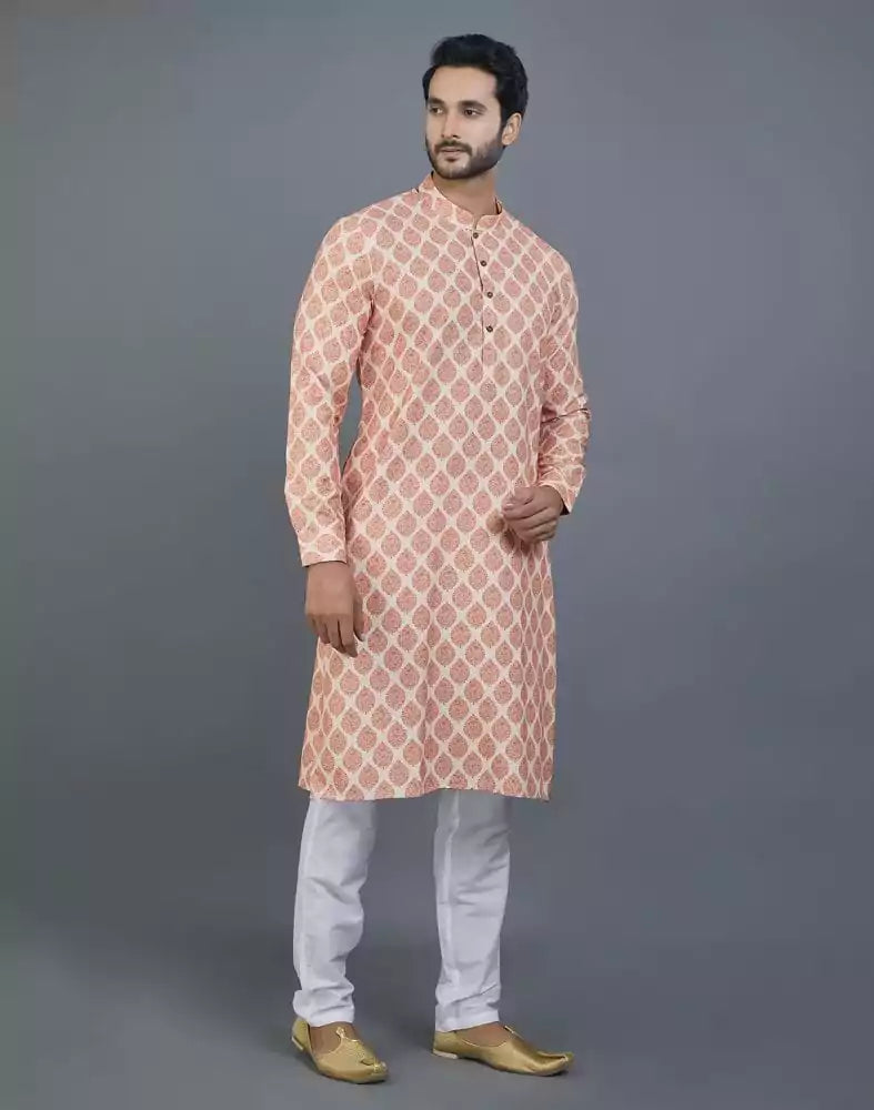 Image of Appealing Orange Botanical Print Cotton Kurta