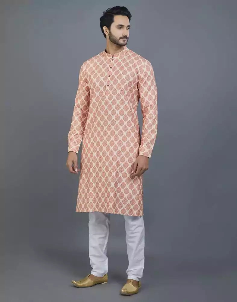 Image of Appealing Orange Botanical Print Cotton Kurta