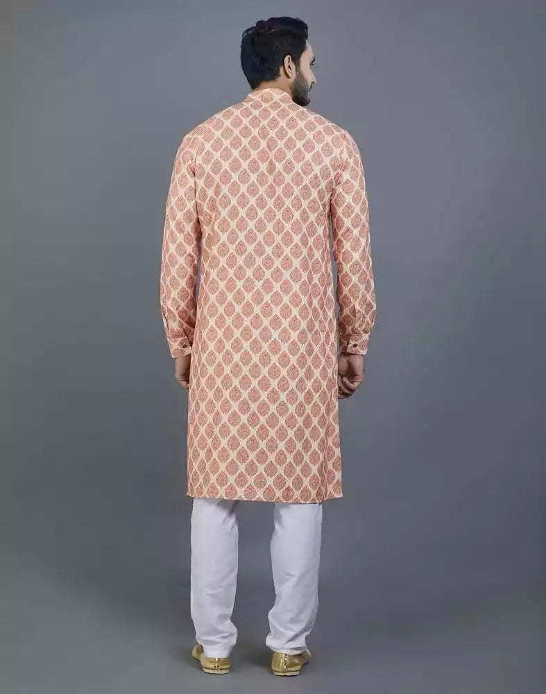Image of Appealing Orange Botanical Print Cotton Kurta