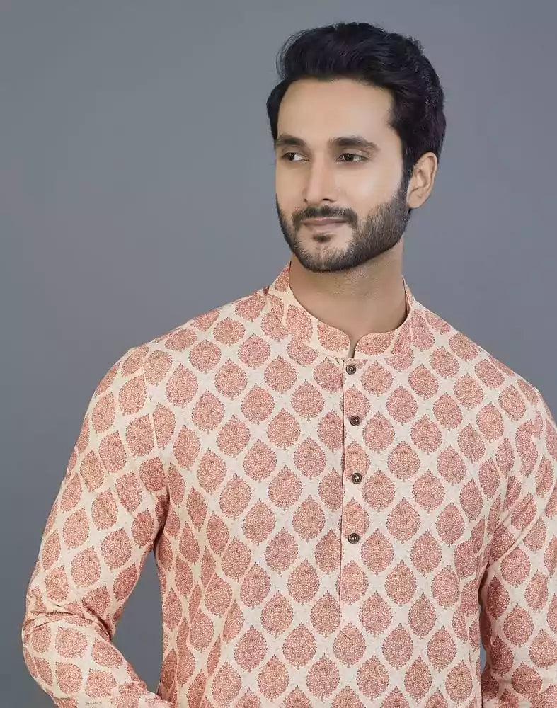 Image of Appealing Orange Botanical Print Cotton Kurta