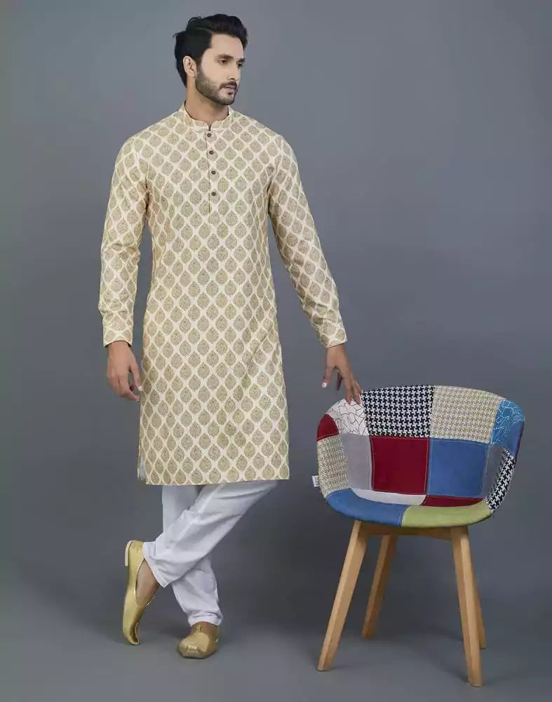 Image of Attractive Yellow Botanical Print Cotton Kurta
