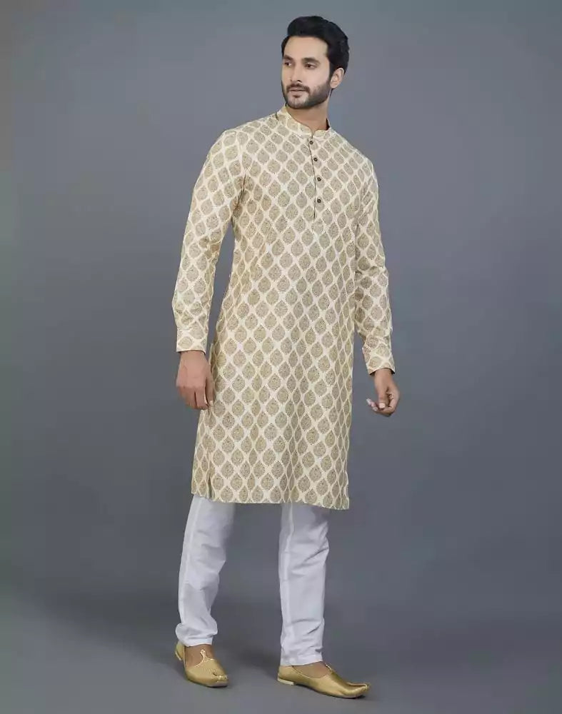 Image of Attractive Yellow Botanical Print Cotton Kurta
