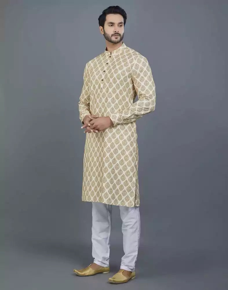 Image of Attractive Yellow Botanical Print Cotton Kurta