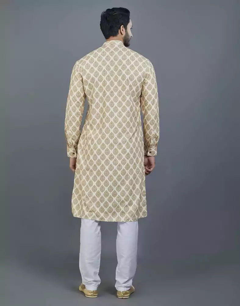 Image of Attractive Yellow Botanical Print Cotton Kurta
