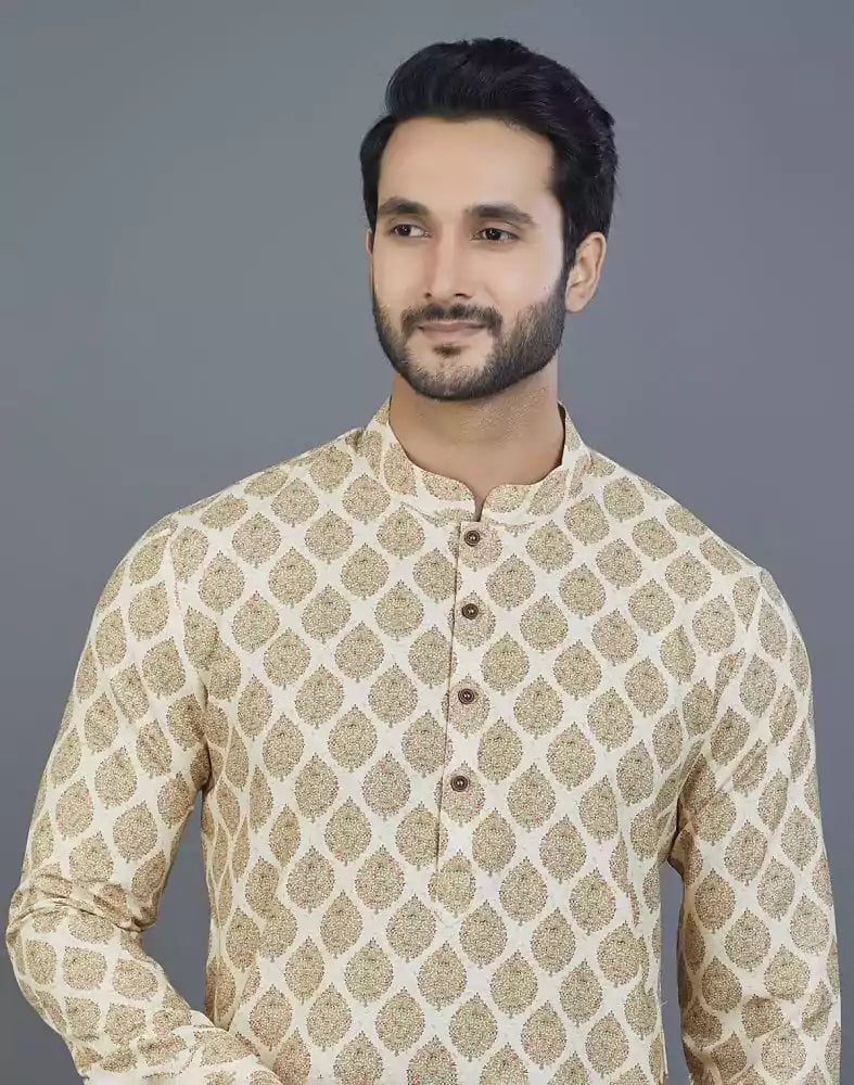 Image of Attractive Yellow Botanical Print Cotton Kurta