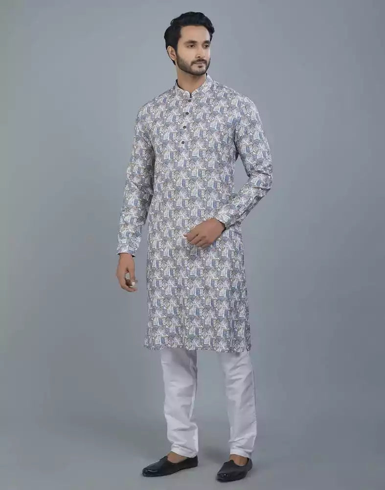 Image of Pleasing White Color Floral Design Cotton Kurta