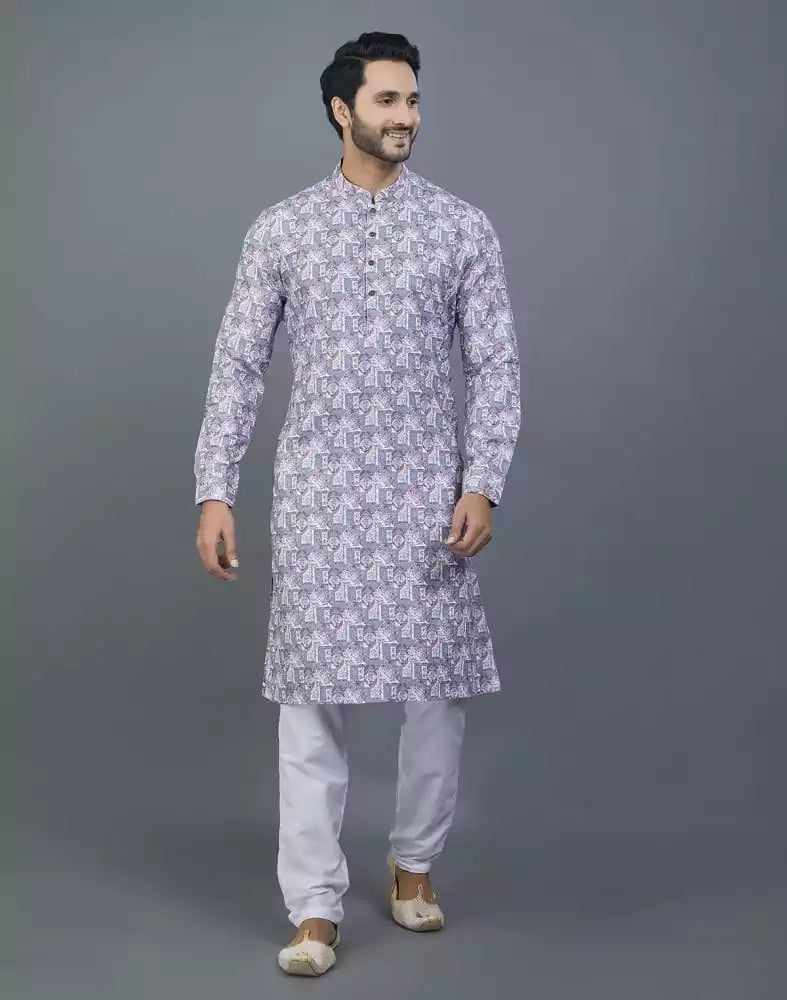 Image of Stunning Grey Color Floral Design Cotton Kurta